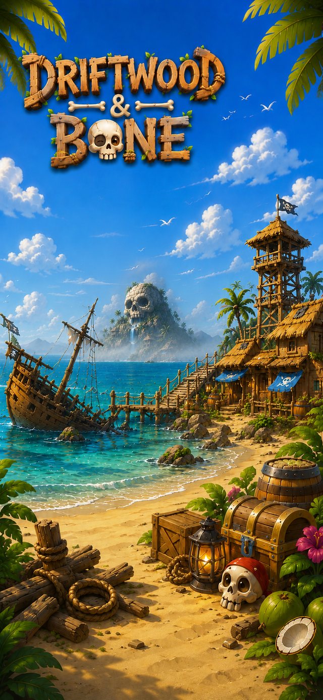 The shore where Driftwood & Bone begins — a wrecked ship, a rebuilt pier, and Skull Mountain on the horizon